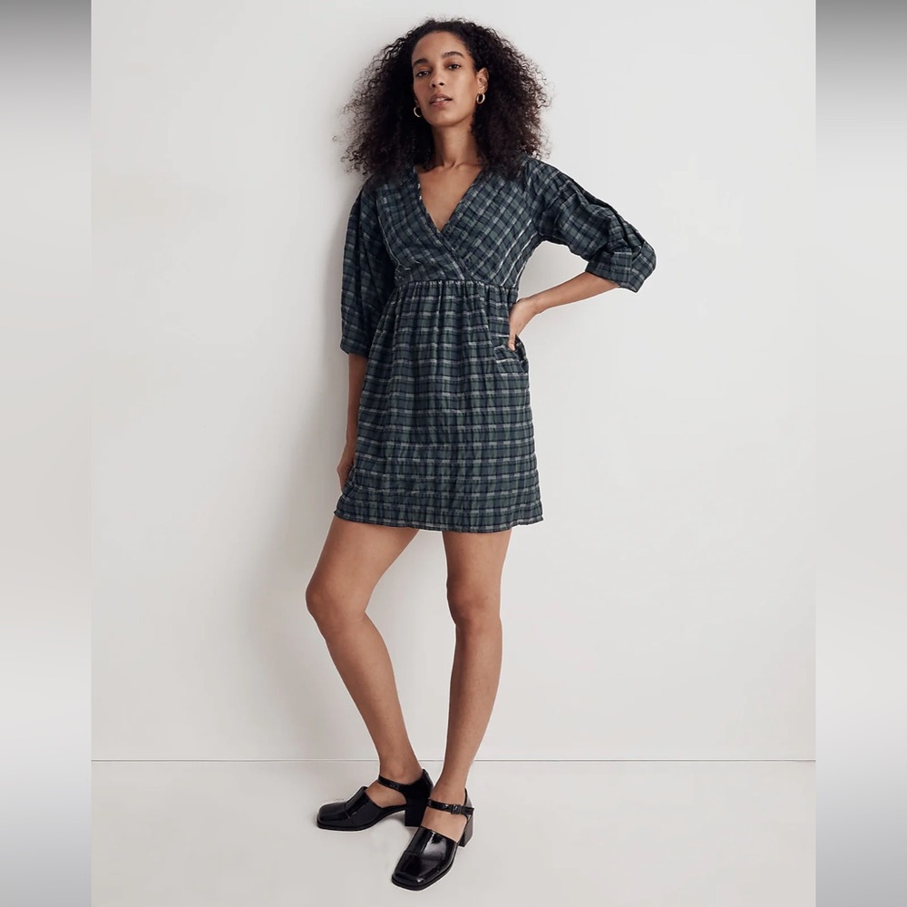 NWT Madewell Marianna Puff-Sleeve Mini Dress in Plaid - Size Medium